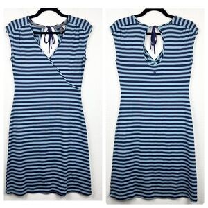 IBEX 100% Merino Wool Faux Wrap Dress, Teal Purple Stripes, Cutout Back, Size XS